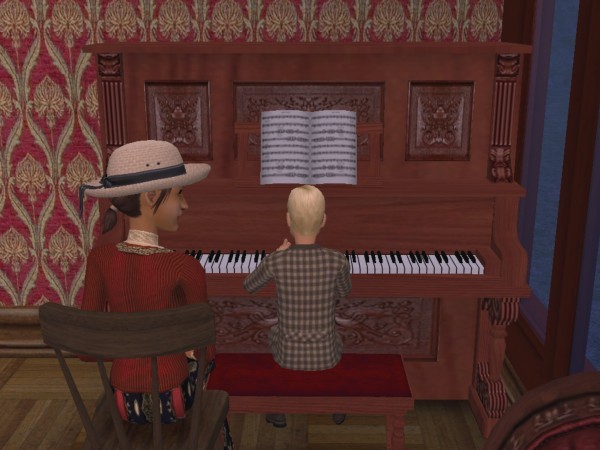 Cecily supervises Arthur's piano lesson
