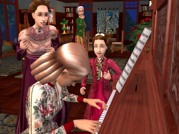 Paulina plays piano while Carol, Madeline, and Arianna look on