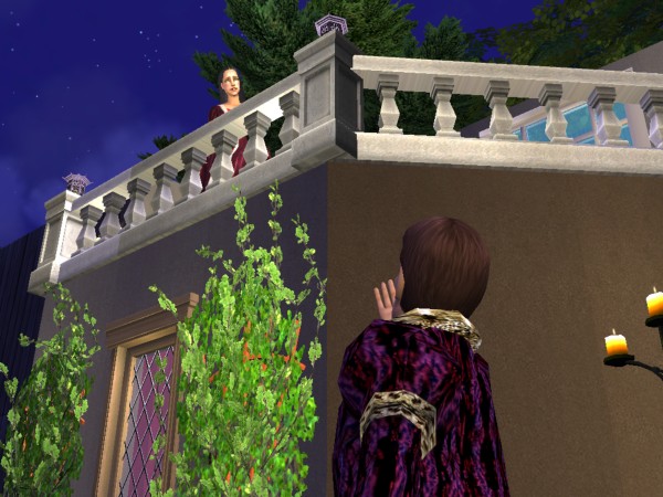 Larry as Romeo looking up at Juliet