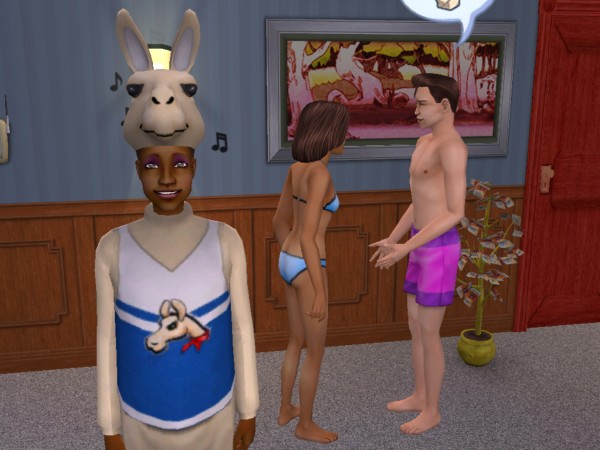 Kiara stands in her llama suit while Bree talks to Leo the gardener