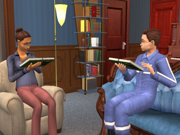 Bree and Leo read in the living room