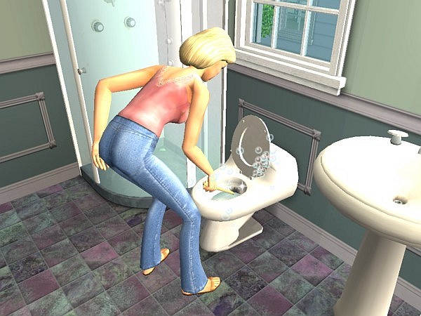 Marie cleans the toilet